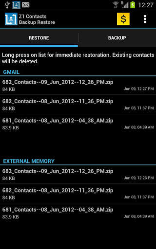 Z1 Contacts Backup Restore screenshot 2