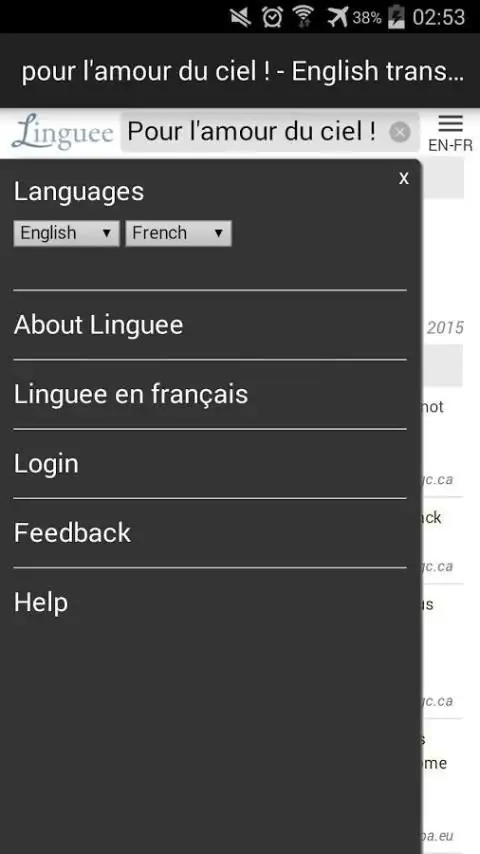 Linguee screenshot - Select English