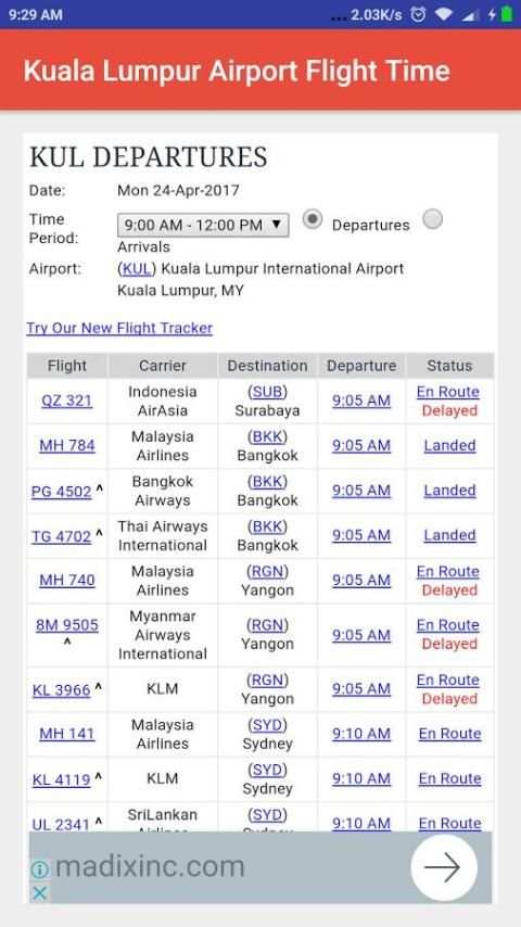 Kuala Lumpur Airport Flight Time on 9Apps