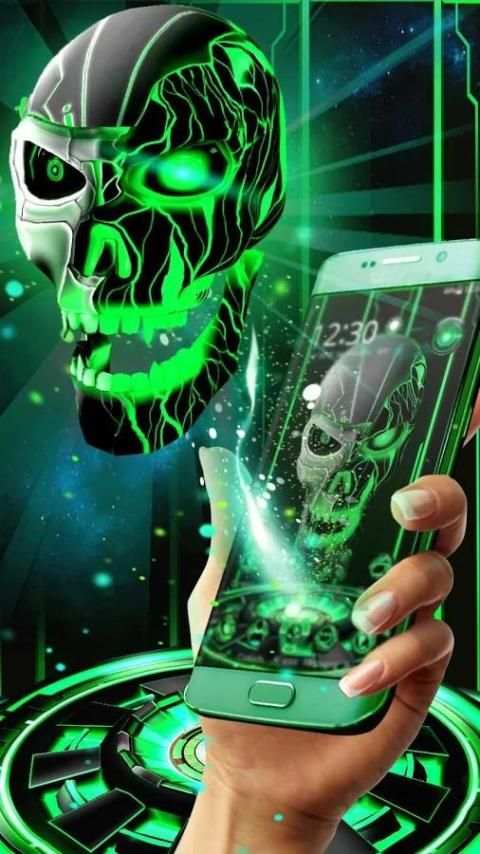 Neon Green tech Skull 3D Theme 6 تصوير الشاشة