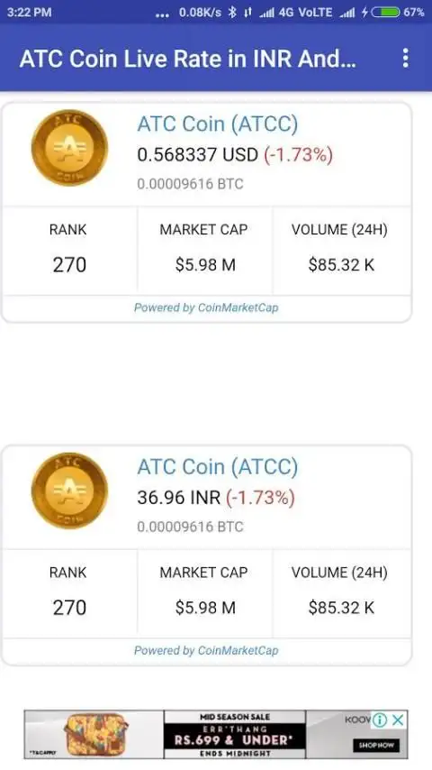 Citat, valoarea ATC Coin astăzi și graficele de preț ATCC