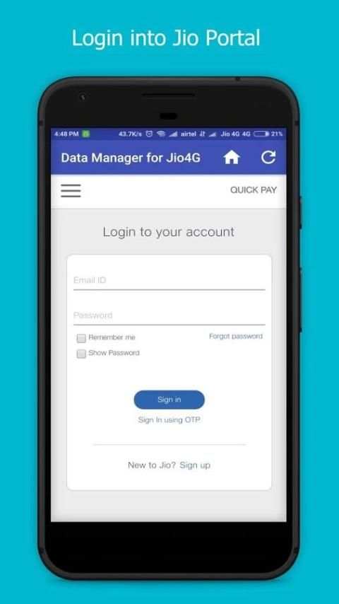 Data Manager for Jio :Check Jio Data Balance,Usage स्क्रीनशॉट 1