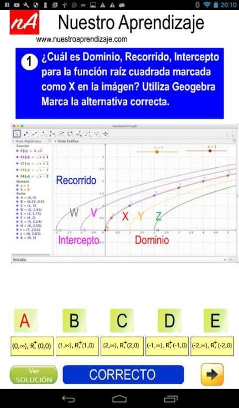 GeoGebra, características de función raíz cuadrada screenshot 2