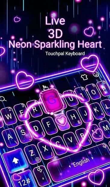 Live 3D Neon Sparkling Heart Keyboard Theme 6 تصوير الشاشة