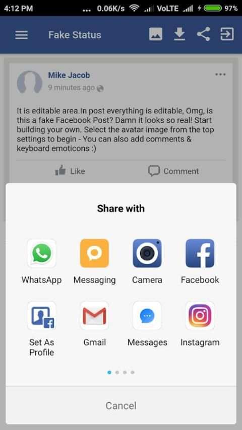 Fake Facebook Status Generator स्क्रीनशॉट 1