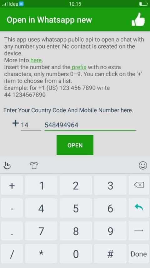 Open In Whatsapp Free 2018 screenshot 1