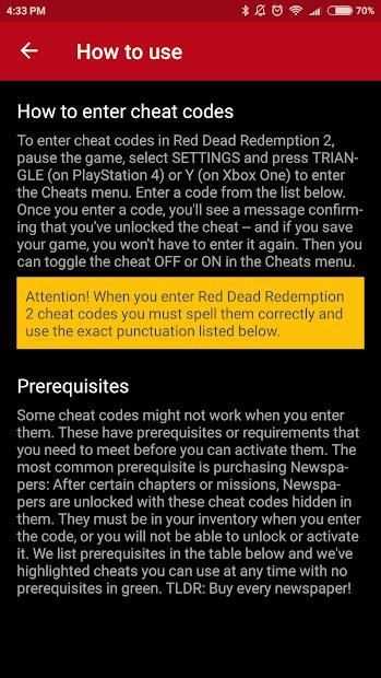 Cheat Codes for Red Dead Redemption 2 screenshot 1