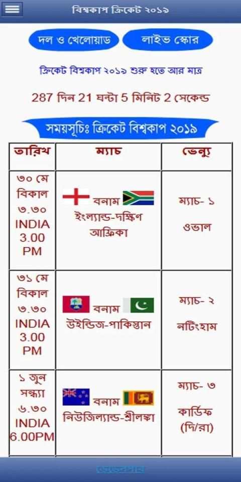 সময়সূচি ক্রিকেট বিশ্বকাপ ২০১৯, CRICKET WORLD CUP screenshot 3