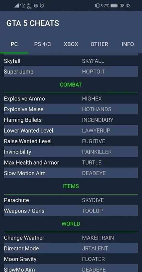 Cheats code collection for GTA 5 screenshot 1