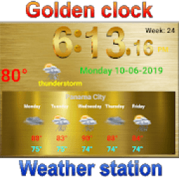 Full screen golden clock with weather icon