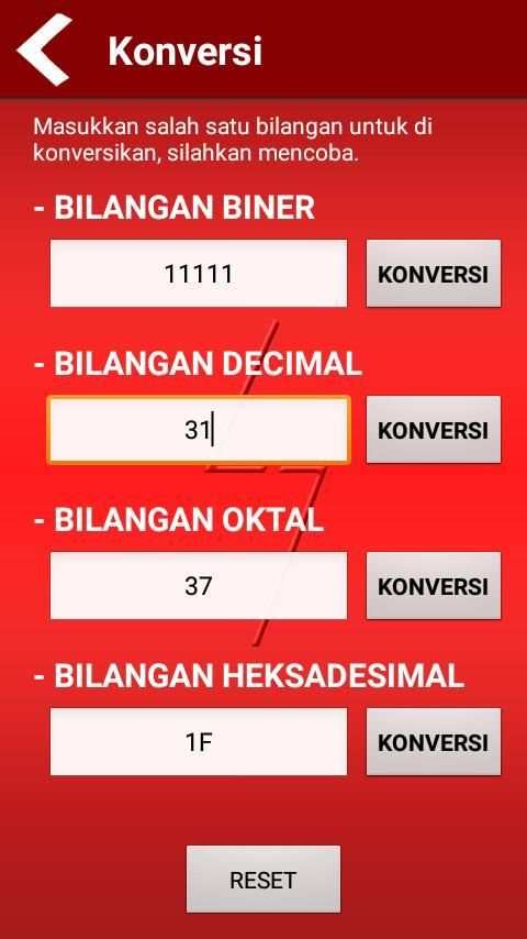 Konversi: Biner Oktal Heksadesimal screenshot 3