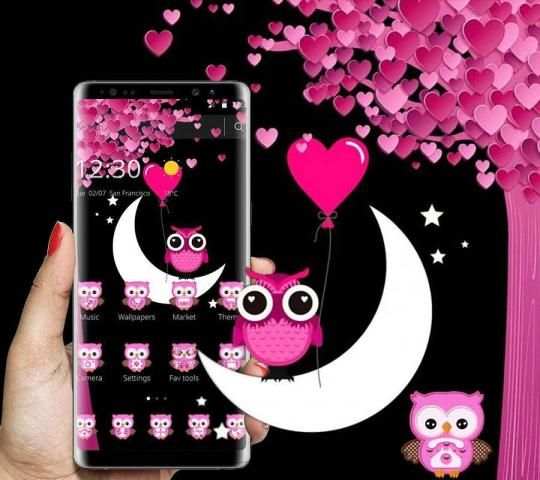 Pink Cartoon Moon Owl Theme screenshot 2