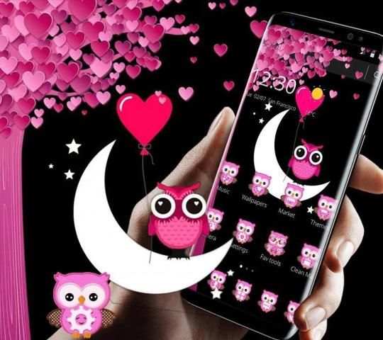 Pink Cartoon Moon Owl Theme screenshot 4