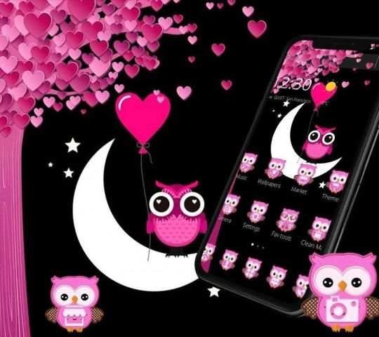Pink Cartoon Moon Owl Theme screenshot 1