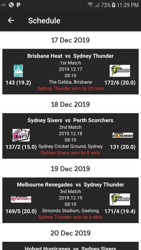 Big Bash League Schedule 2019-20 स्क्रीनशॉट 1