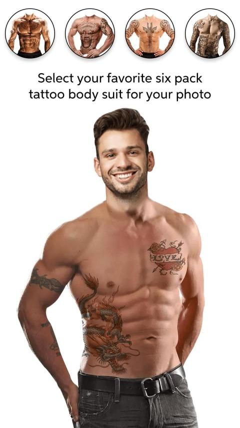 Sportsman with six pack and ab. Tattooed man show sexy muscular torso.  Bodybuilder with biceps and triceps. Fashion model with tattoo in jeans.  Bodycare with fitness and sport in vintage filter Stock